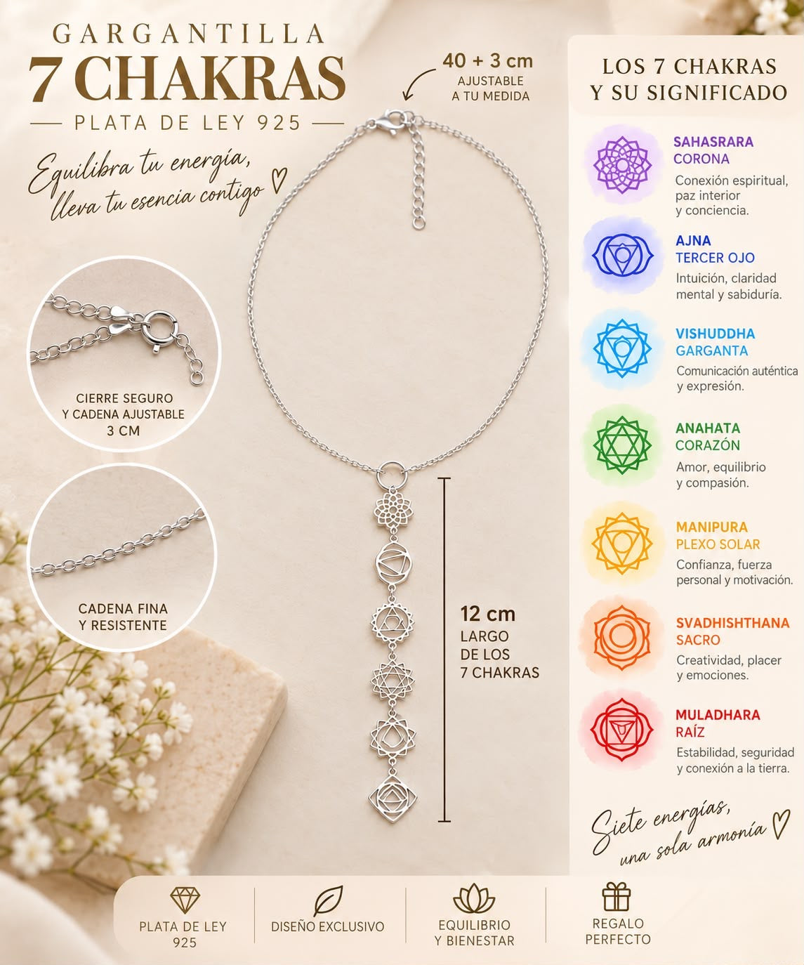 Gargantilla 7 Chakras de Plata de Ley 925