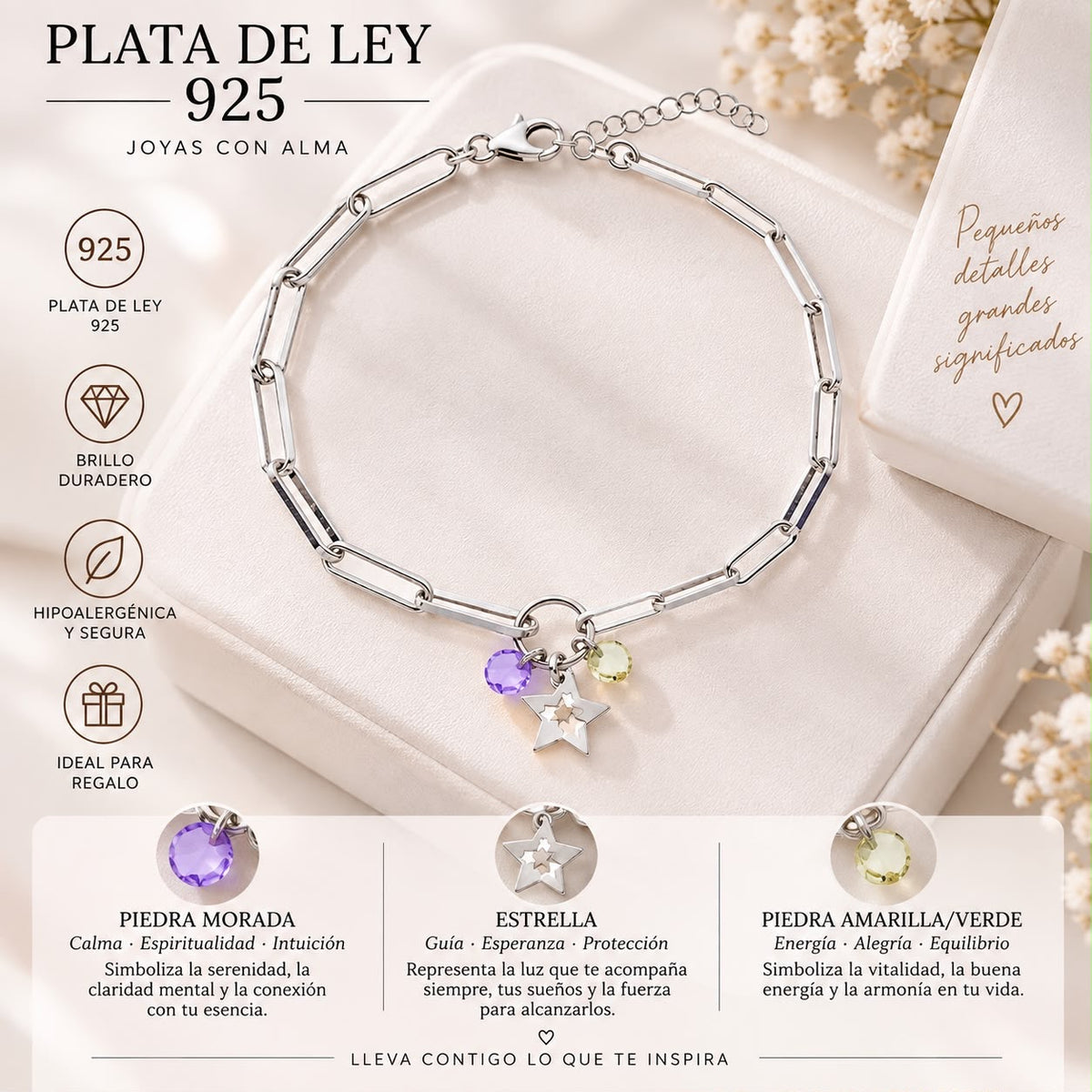 Pulsera de Plata de Ley 925 con Estrella y Piedras de Colores