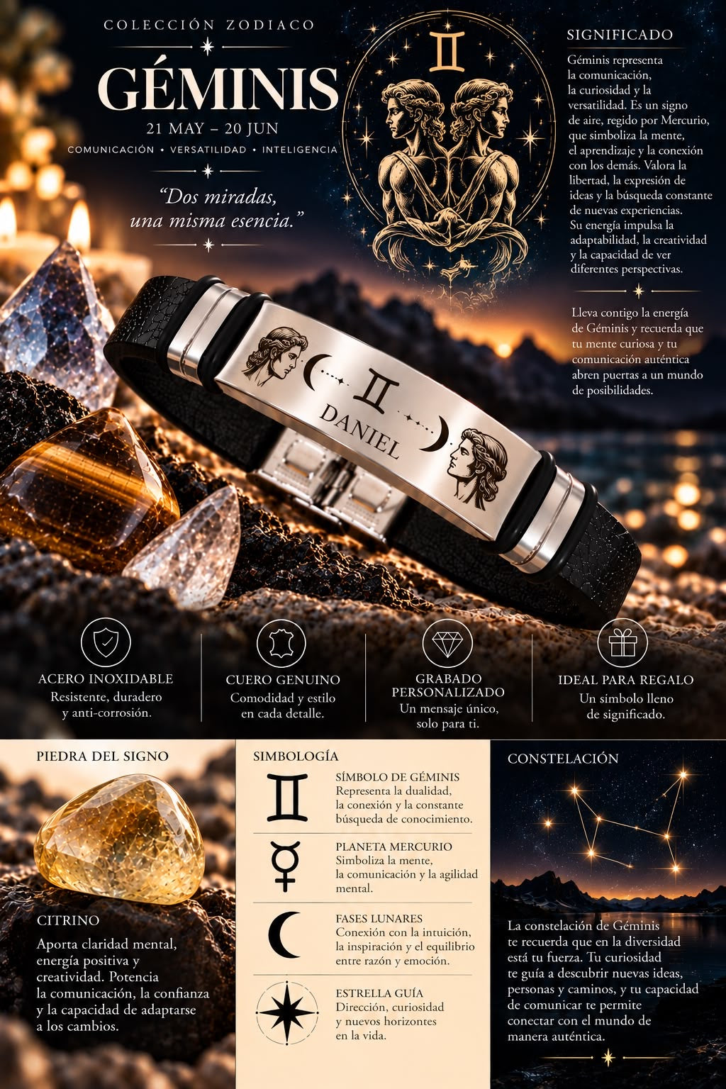 Pulsera Zodiaco Géminis Personalizada