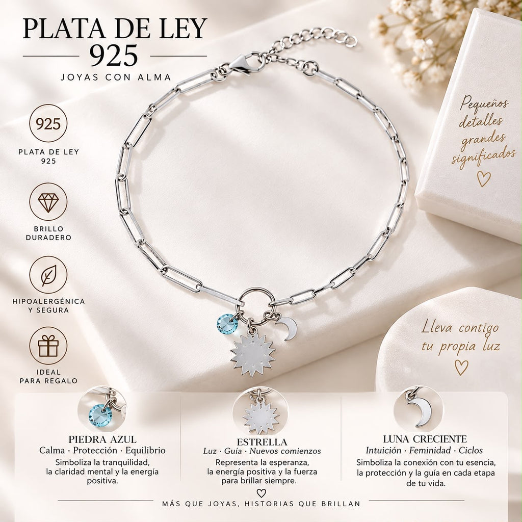 Pulsera de Plata de Ley 925 con Sol, Luna y Piedra Azul