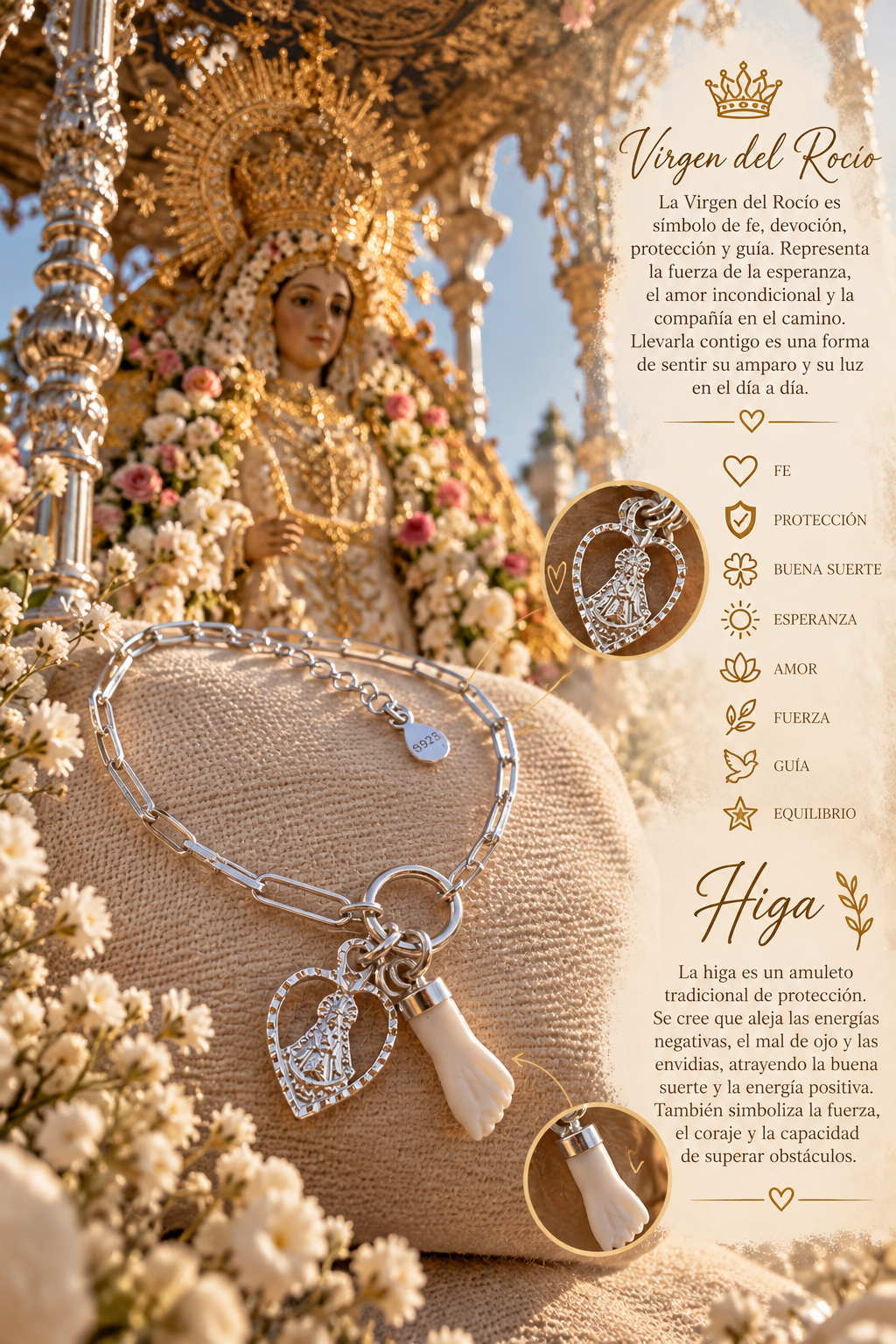Pulsera de Plata -Virgen del Rocío e Higa de Protección