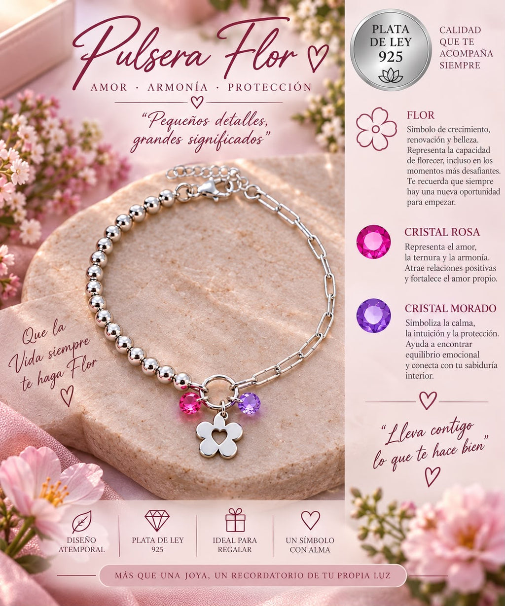 Pulsera de Plata de Ley 925 con Flor y Cristales Rosa y Morado