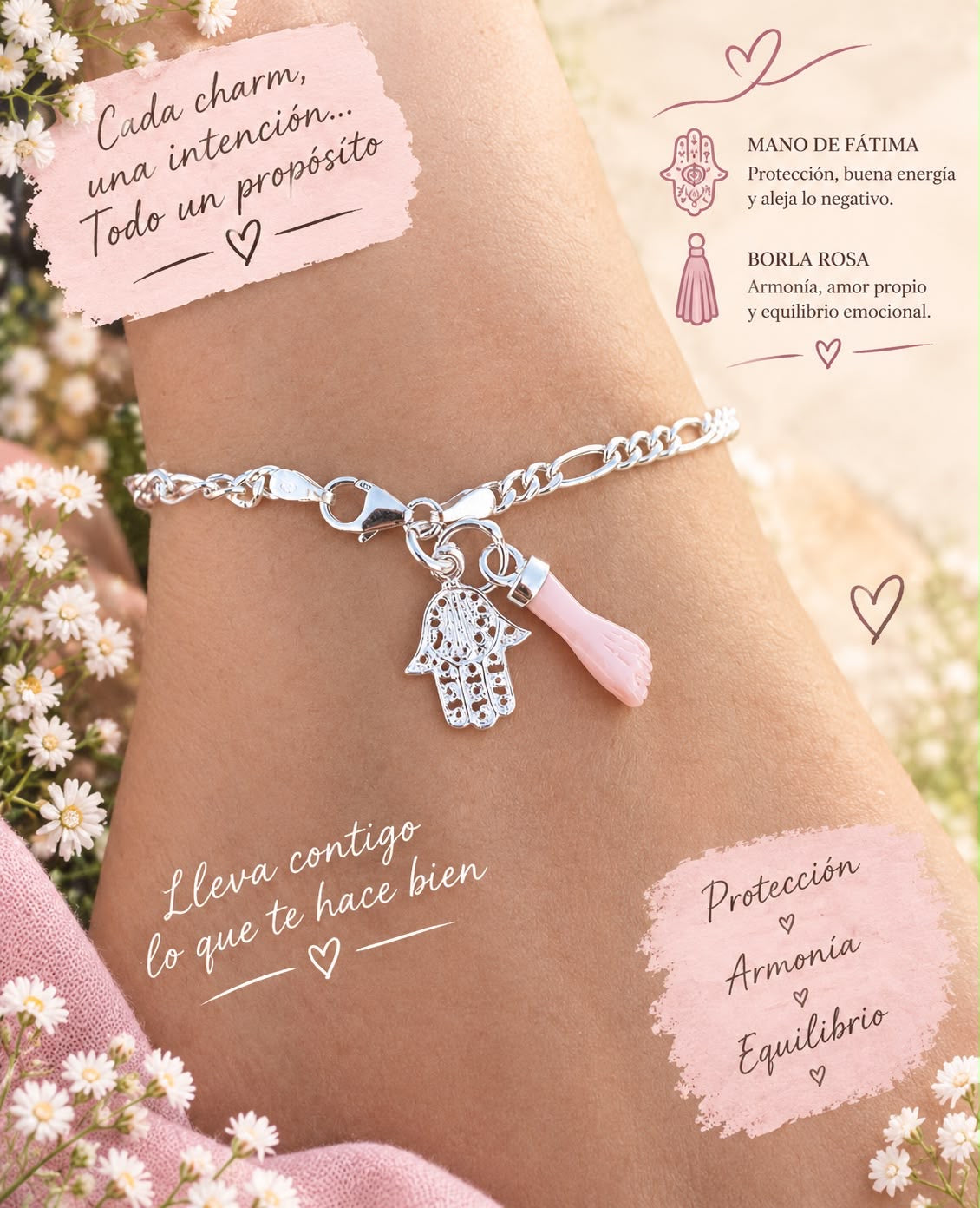 Pulsera Mano de Fátima y Higa Rosa