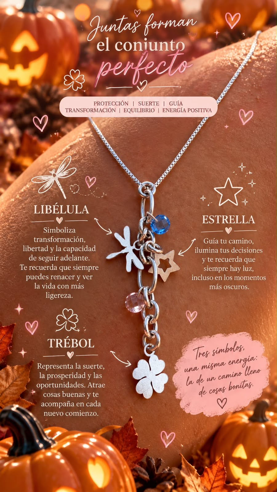 Collar de Plata con Charms: Libélula, Estrella y Trébol