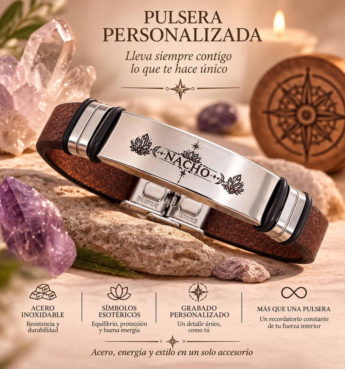 Pulsera Energía Cristales y Loto Personalizada