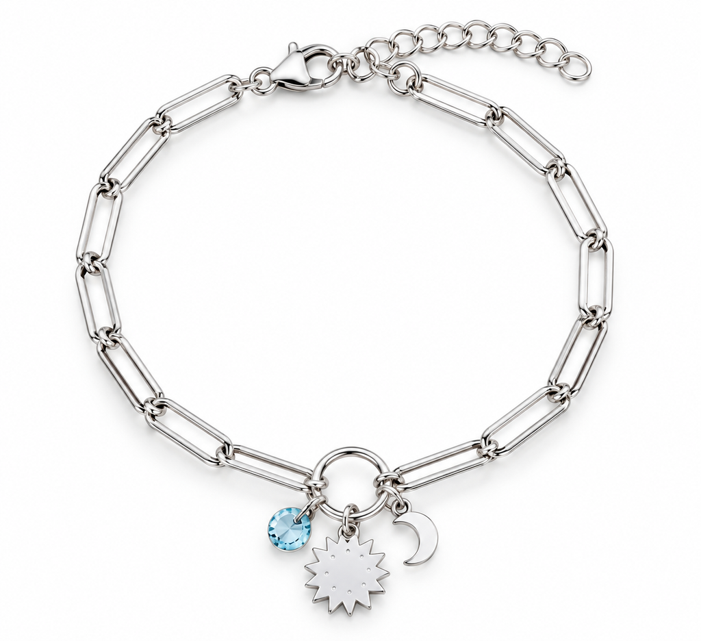 Pulsera de Plata de Ley 925 con Sol, Luna y Piedra Azul