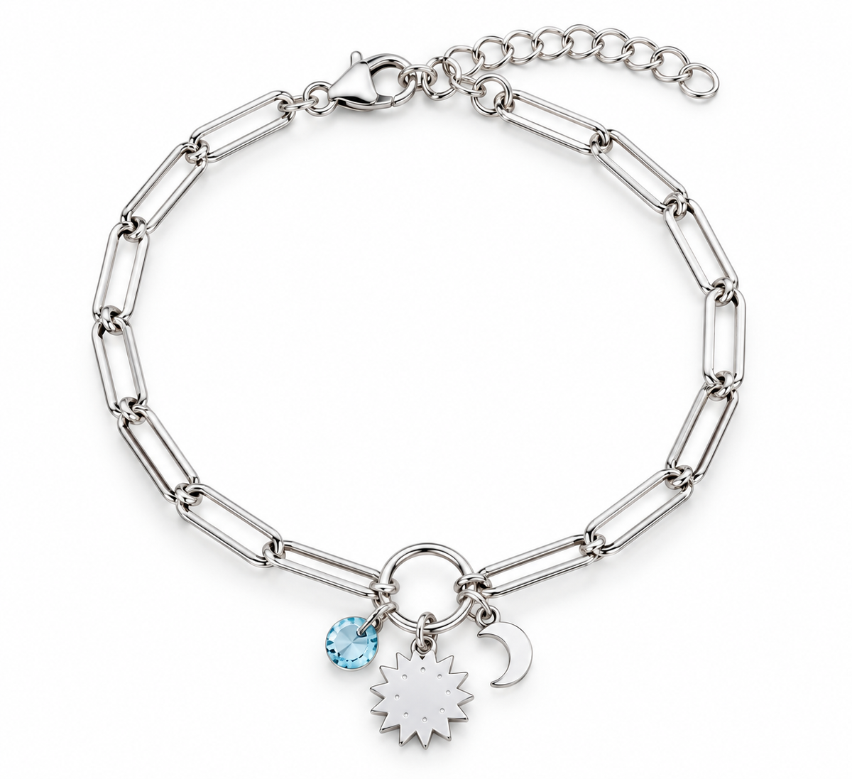 Pulsera de Plata de Ley 925 con Sol, Luna y Piedra Azul