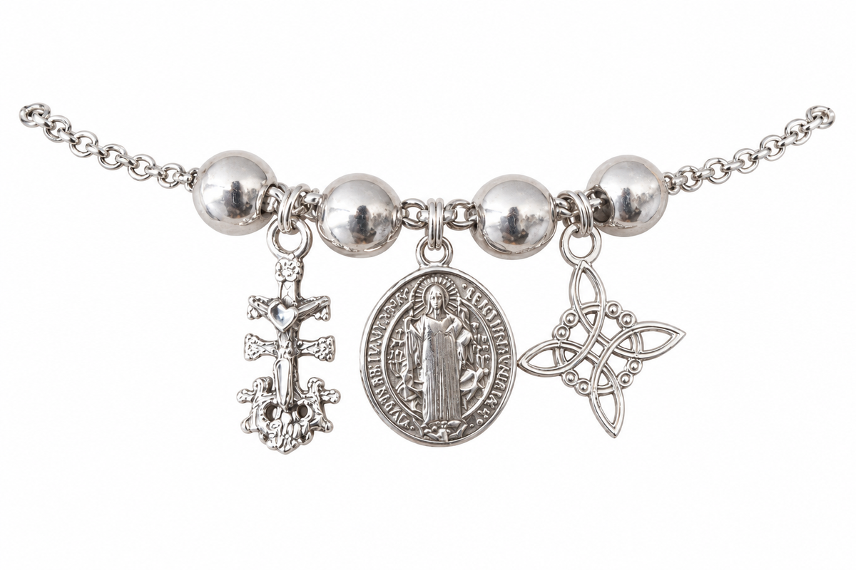 PULSERA DE PLATA DE LEY 925 CON CRUZ DE CARAVACA, MEDALLA Y NUDO DE BRUJA