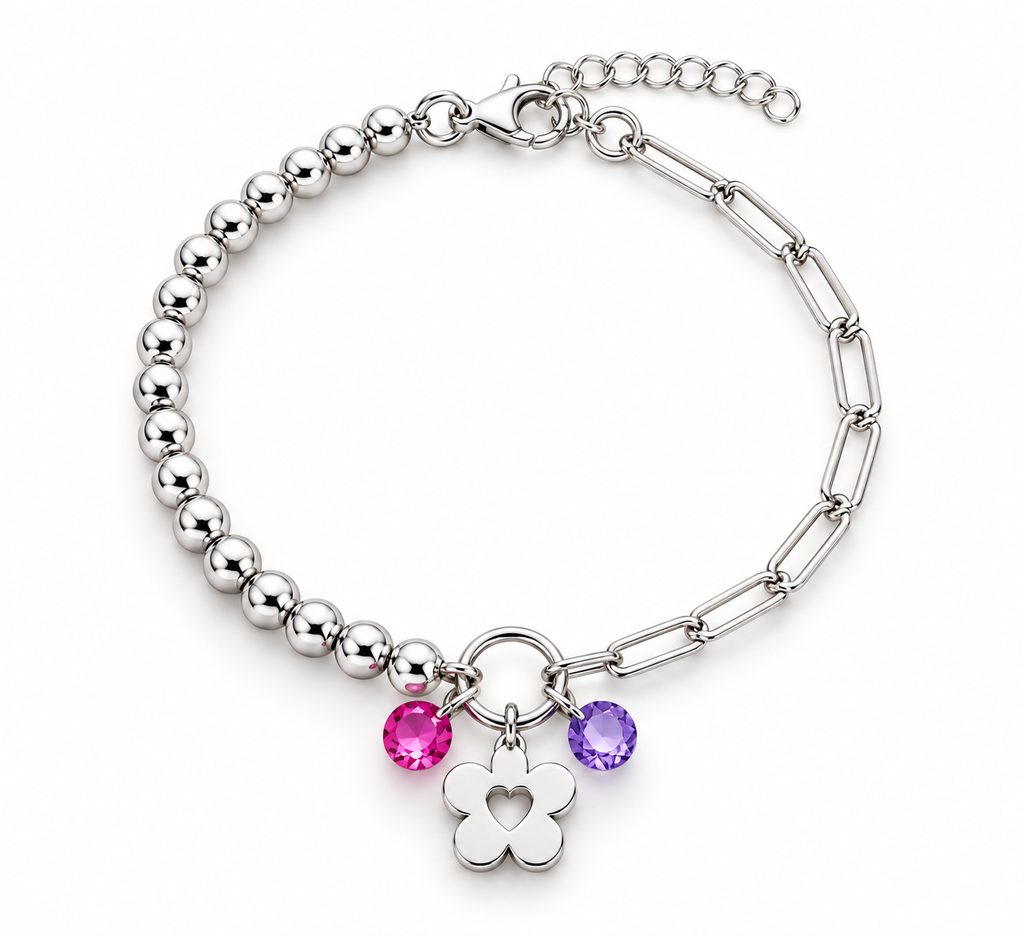 Pulsera de Plata de Ley 925 con Flor y Cristales Rosa y Morado