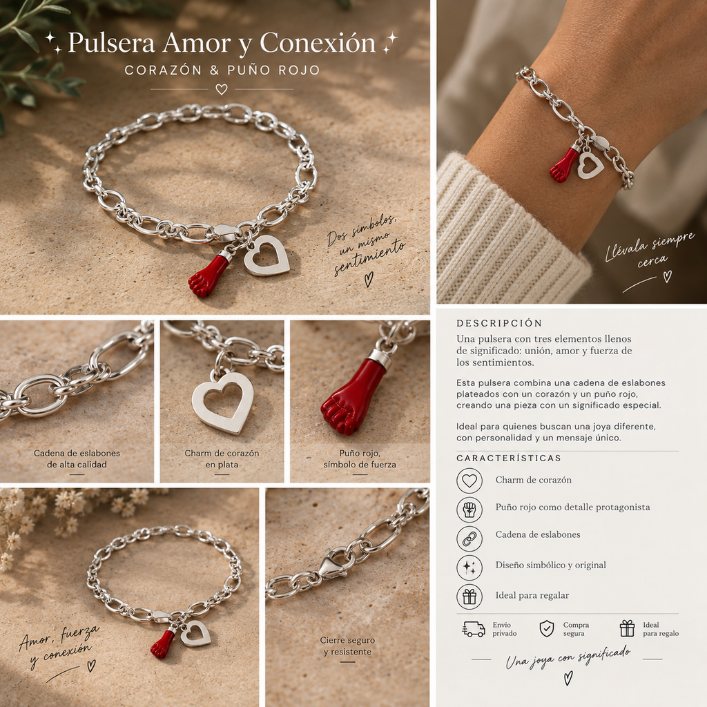 Pulsera Amor y Conexión – Corazón & Puño Rojo