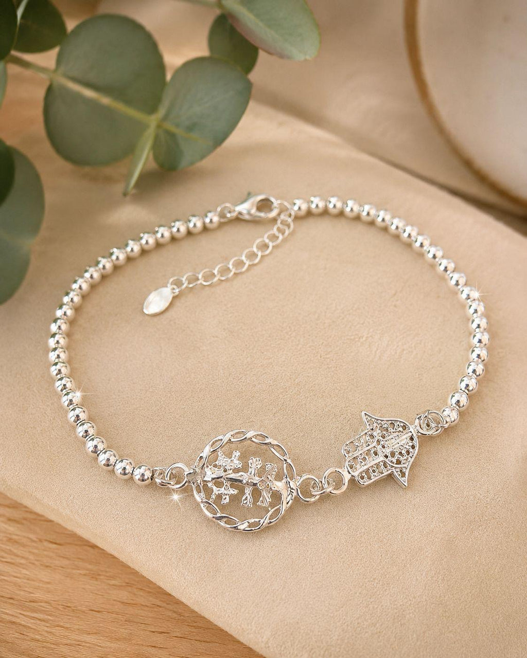 Pulsera Cruz de Caravaca & Mano de Fátima – Bolitas