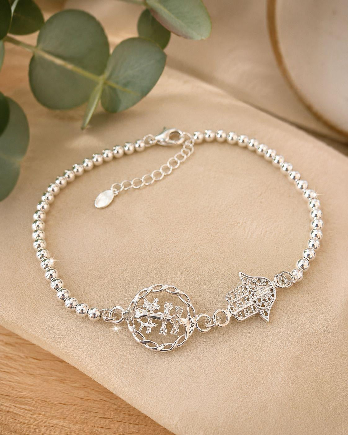 Pulsera Cruz de Caravaca & Mano de Fátima – Bolitas