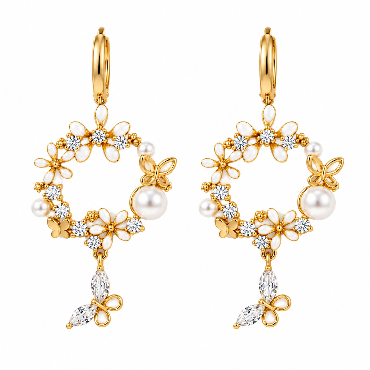 Pendientes Florales Dorados con Perlas