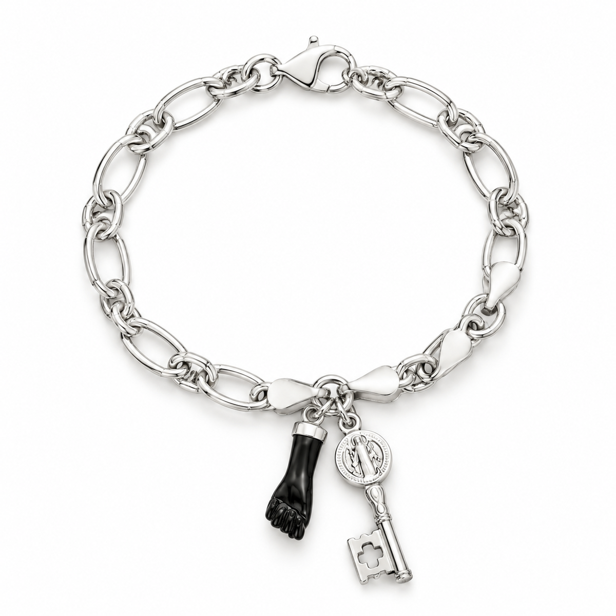 Pulsera Protección – Puño Negro, Medalla & Llave