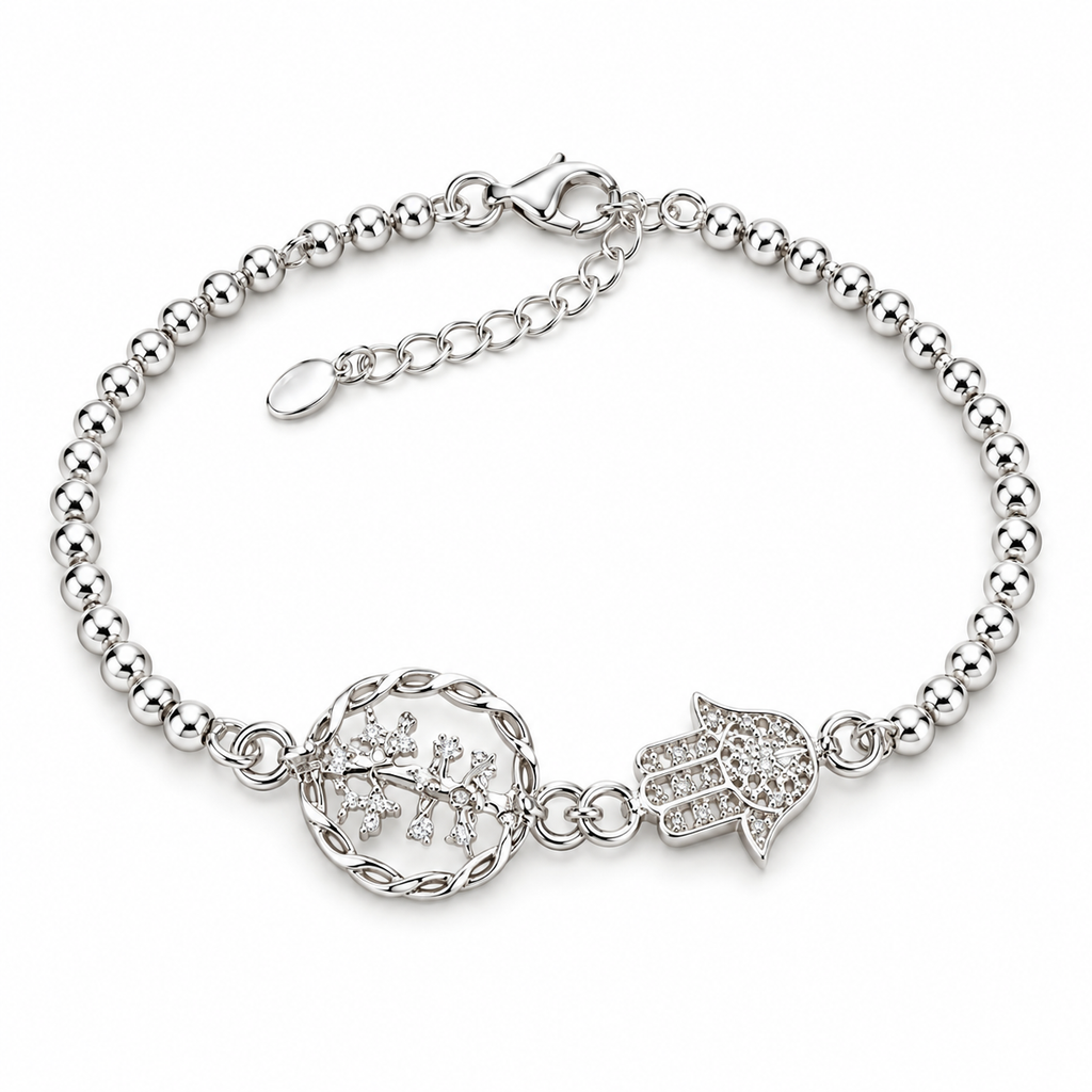 Pulsera Cruz de Caravaca & Mano de Fátima – Bolitas